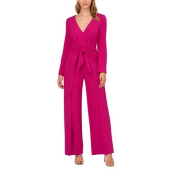 Adrianna Papell Hot Orchid Tie-Front Crepe Jumpsuit Size 12 Long Sleeve V-Neck M - Picture 1 of 8